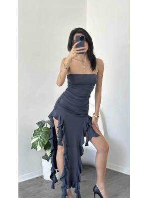 Antrasit Elora Fırfırlı Straplez Elbise