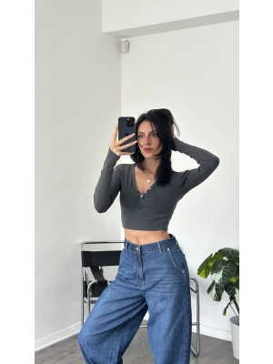 Antrasit Eskitme Düğme Detaylı Crop