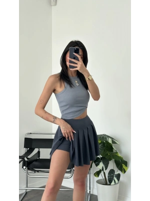 Antrasit İçi Şortlu Pileli Mini Etek