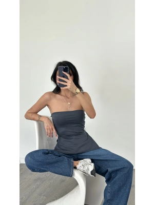 Antrasit Kai Yan Yırtmaçlı Straplez Bluz