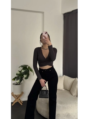 Antrasit Kruvaze Yaka Crop Bluz