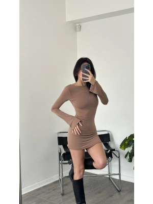 Kahve Sırt Dekolte Basic Elbise