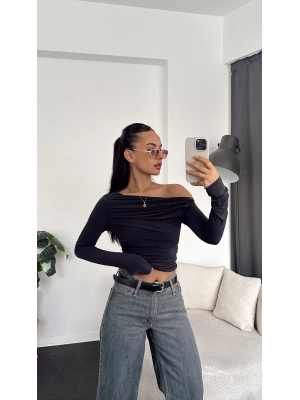 Antrasit Tek Omuzlu Drapeli Bluz