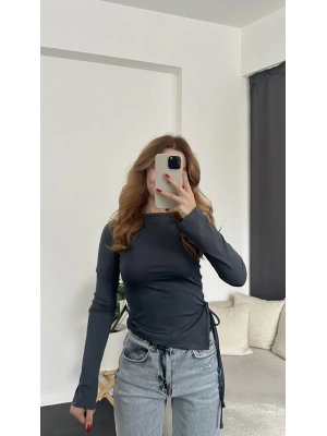 Antrasit Yan Bağlamalı Asimetrik Bluz