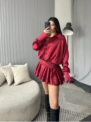 Kırmızı Kemerli Fırfır Etek Gömlek Saten Elbise