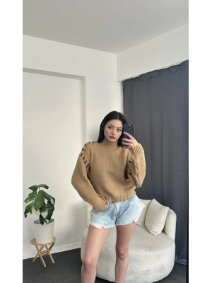 Kahve Dikiş Detaylı Balıkçı Kazak