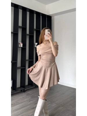 Bej Calista Madonna Yaka Elbise