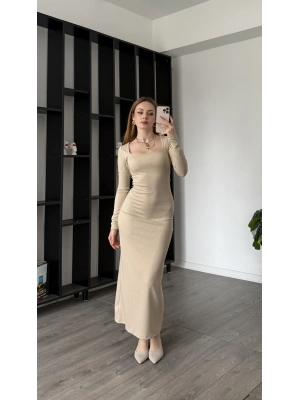 Bej Luis Kare Yaka Basic Uzun Elbise