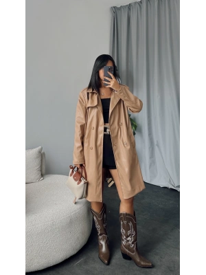 Bej Midi Boy Deri Trençkot