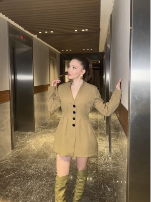 Yağ yeşili Pileli Blazer Ceket Elbise