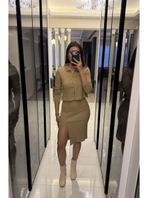 Bej Renly Hırka Elbise Triko Takım