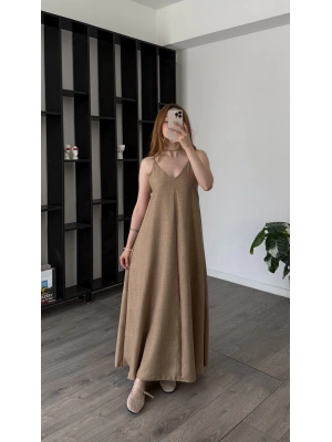 Bej Sindy Askılı Salaş Elbise