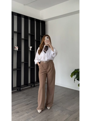 Bej Tira Kemer Detaylı Palazzo Pantolon