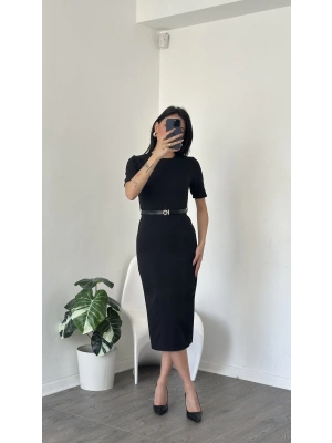 Zeyn Siyah Kısa Kollu Kemer Detay Kalem Elbise