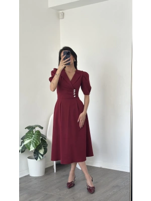 Sofia Bordo Düğmeli Gömlek Yaka Balon Kol Elbise