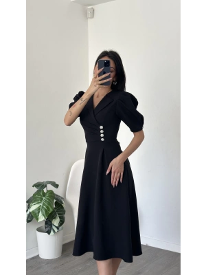 Sofia Siyah Düğmeli Gömlek Yaka Balon Kol Elbise