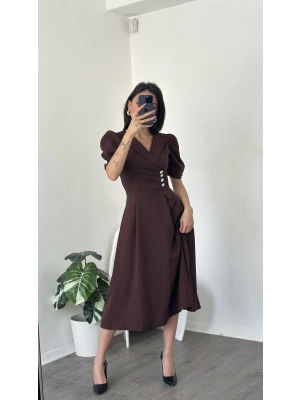 Sofia Kahve Düğmeli Gömlek Yaka Balon Kol Elbise