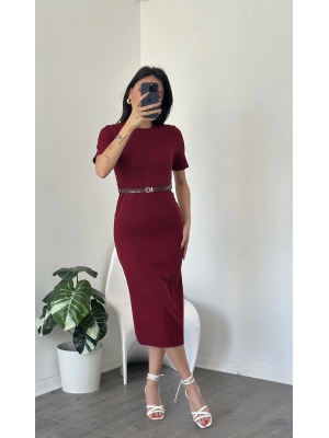 Zeyn Bordo Kısa Kollu Kemer Detay Kalem Elbise