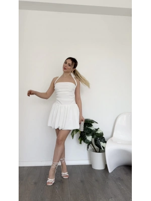 Beyaz Alice Boyundan Bağlamalı Kısa Balon Elbise