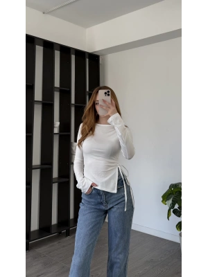 Beyaz Arlin Bağcık Yanlı Bluz