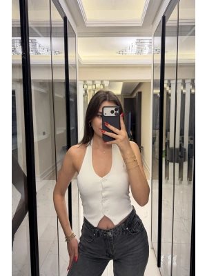 Beyaz Boyundan Geçmeli Fitilli Yelek
