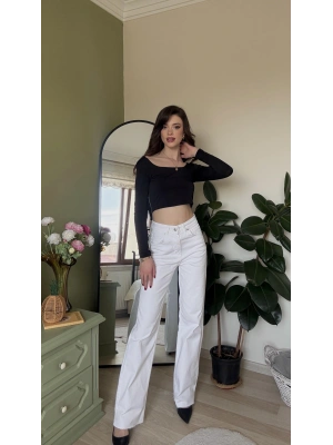 Beyaz Cara Düz Kesim Straight Jean