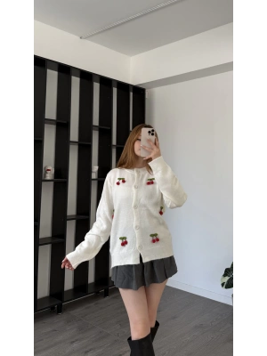 Beyaz Chery Kirazlı Triko Hırka
