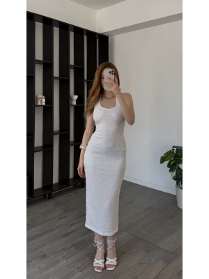Beyaz Chiara Gofre Boyundan Askılı Elbise