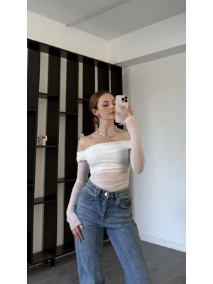 Beyaz Isabel Tül Detay Madonna Bluz