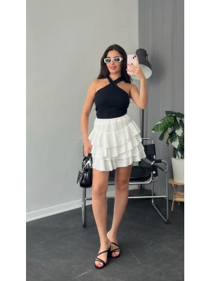 Beyaz Katlı Kloş Mini Etek