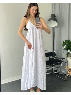 Beyaz Keten Salaş Askılı Maxi Elbise
