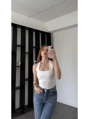 Beyaz Lancel Astarlı Boyundan Askılı Basic Bluz