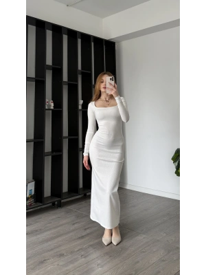 Beyaz Luis Kare Yaka Basic Uzun Elbise