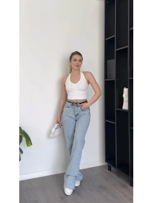 Beyaz Mery Boyundan Bağlamalı Bluz