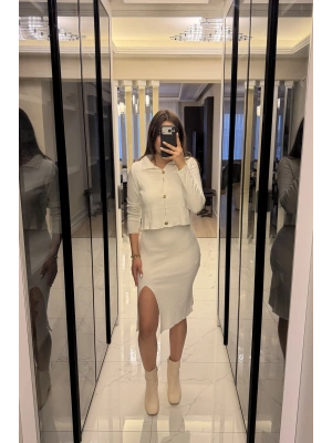 Beyaz Renly Hırka Elbise Triko Takım