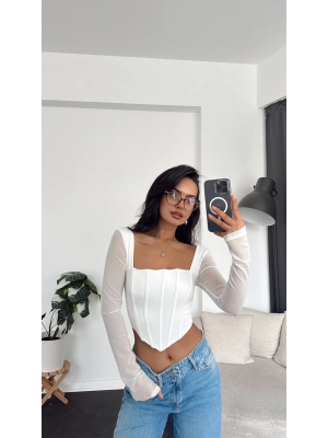 Beyaz Şifon Kollu Korse Bluz