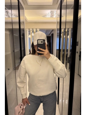Beyaz Tara Kol Detaylı Basic Sweatshirt