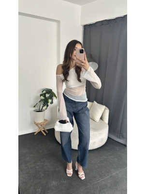 Beyaz Tek Omzu Düşük Şifon Tül Bluz