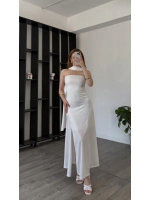 Beyaz Tiara Astarlı Şal Detaylı Elbise