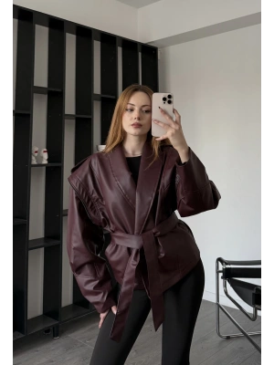 Bordo Anja Tasarım Kuşaklı Deri Ceket
