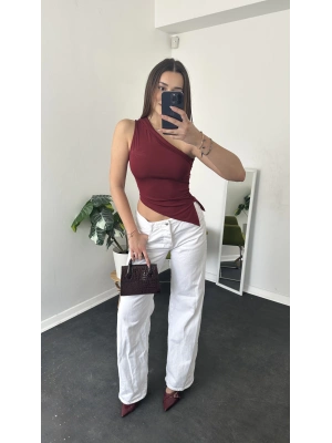 Bordo Asimetrik Kesim Tek Kollu Bluz