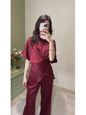 Bordo Aura Bağcıklı Saten Takım