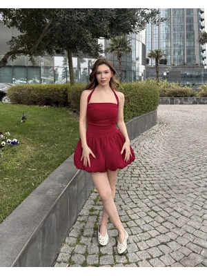 Bordo Alice Boyundan Bağlamalı Kısa Balon Elbise