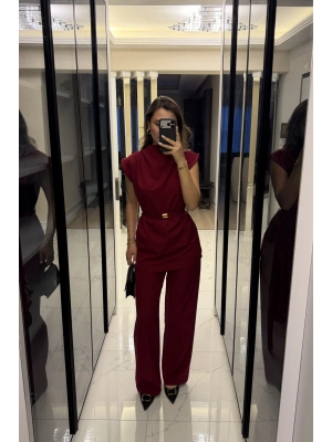 Bordo Broş Kuşaklı Vatkalı Takım