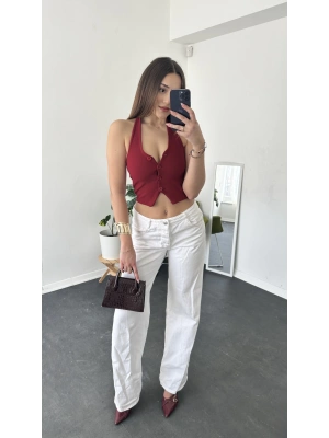 Bordo Düğmeli Kısa Yelek