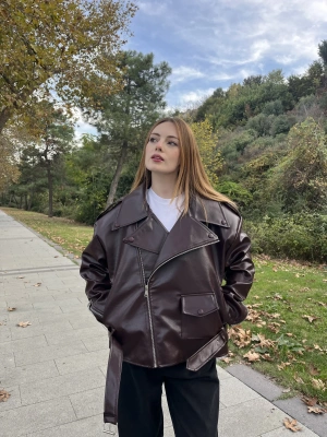 Bordo Elia Premium Biker Deri Ceket