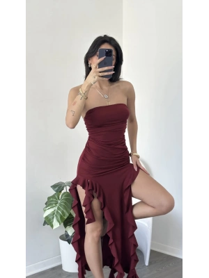 Bordo Elora Fırfırlı Straplez Elbise