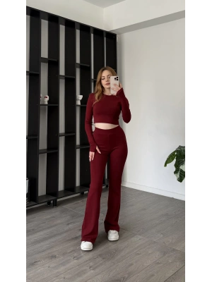 Bordo Gaia Parmak Geçirmeli Tayt Takım