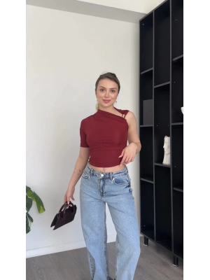 Bordo Gold Omuz Detaylı Bluz