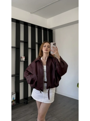 Bordo Jenna Kemerli Bomber Deri Ceket